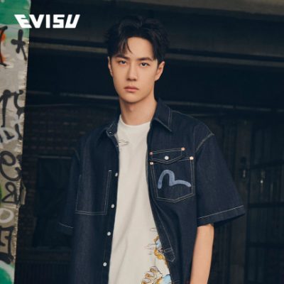 Áo sơ mi EVISU 2022 mùa hè mới dành cho nam giới big M áo sơ mi thêu denim