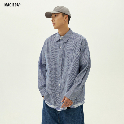 Macheda mùa xuân phiên bản Hàn Quốc giả áo sơ mi kẻ sọc hai mảnh của nam giới giản dị áo sơ mi xu hướng đẹp trai xu hướng áo sơ mi lỏng lẻo dụng cụ dài tay