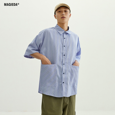 Macheda mùa hè nam giới Nhật Bản dụng cụ retro áo sơ mi sọc giản dị áo sơ mi rộng rãi vài phù hợp với triều ngắn tay
