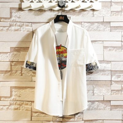 Áo sơ mi lanh của nam giới tay ngắn mùa hè mỏng đơn giản Lụa băng giá ba phần tư tay áo xu hướng cổ áo đứng Phong cách Trung Quốc Quần áo nam giới