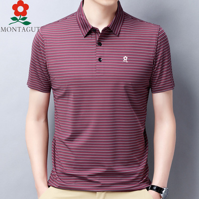 Áo thun nam ngắn tay sọc caro 100% lụa dâu tằm Bố trung niên mặc áo sơ mi POLO công sở ve áo giản dị