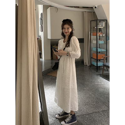 EKOOL tùy chỉnh ngành công nghiệp nặng ba chiều thêu jacquard váy trắng của phụ nữ mùa hè phiên bản Hàn Quốc váy cổ tích dài giữa