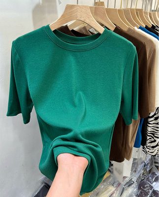 Áo len dệt kim ngắn tay màu trơn cổ tròn áo thun nữ 2022 mùa hè mới phổ biến đơn giản áo sơ mi đáy bằng lụa băng