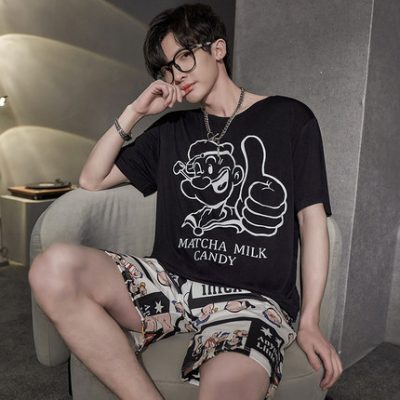 Đồ ngủ của nam giới mùa hè mùa hè mỏng phần phương thức ngắn tay băng lụa thanh niên phim hoạt hình nam giới mặc nhà giản dị phù hợp với