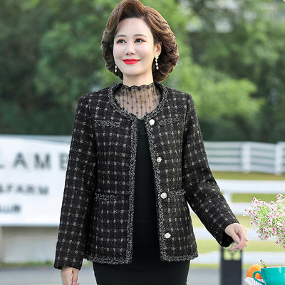 Mẹ mùa xuân và mùa thu phong cách nước ngoài áo khoác phụ nữ trung niên tính khí ngắn hàng đầu hương thơm nhỏ phong cách mùa xuân áo khoác mùa xuân cổ tròn phụ nữ áo nịt