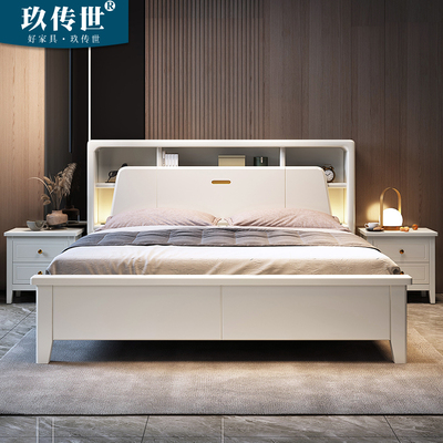 Tất cả gỗ cứng giường phòng ngủ 1,8 gỗ cao su Bắc Âu hiện đại tối giản 1,5 mét phòng ngủ chính giường đôi lưu trữ đồ nội thất màu trắng