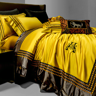 Bộ đồ giường biệt thự 4 mảnh pha trộn lụa và cotton sang trọng theo phong cách Châu Âu mới Bộ đồ giường cao cấp thêu bầu không khí