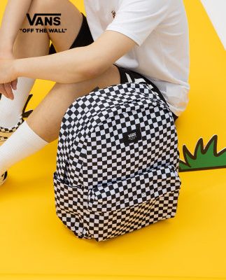 Vans Vans Vans chính thức kẻ caro đen trắng cổ điển Balo cặp đôi LOGO nhỏ
