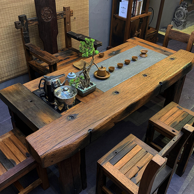 Bàn trà gỗ thuyền cũ bàn ghế kết hợp ban công ngoài trời Bàn trà Kung Fu văn phòng Trung Quốc bộ trà bộ một
