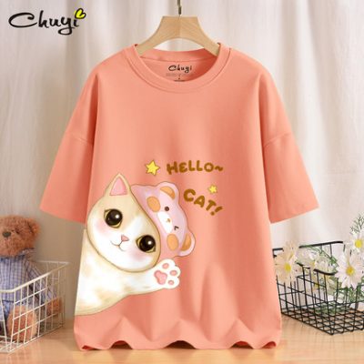 Học sinh áo thun nữ ngắn tay 2022 mới học sinh trung học mùa hè váy cổ tròn rộng rãi nữ kích thước bông quần áo phụ nữ mùa hè