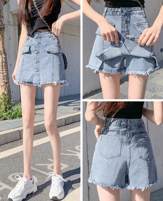 Váy ngắn denim lưng cao của phụ nữ quần culottes màu đen mùa hè mỏng phần 2022 mới váy quần short a-line váy