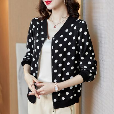 Polka Dot Áo khoác ngắn của phụ nữ Mùa xuân 2022 Mới áo khoác rộng rãi hàng đầu Thường áo khoác dài tay áo bóng chày Quần áo áo nịt