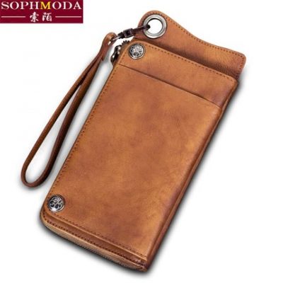 Ví nam thủ công retro ví nam da bò lớp đầu tiên ví da nam dây kéo dài của nam Nhật Bản và Hàn Quốc đơn giản và mỏng