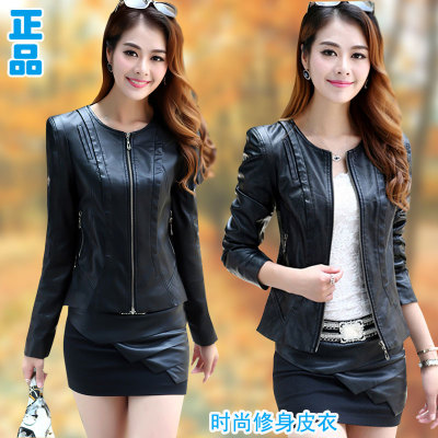 Mùa xuân và mùa thu Mỏng thường xuyên Pew Xe máy Áo khoác cổ tròn Áo khoác da nữ ngắn không cổ Áo khoác da mỏng vừa vặn