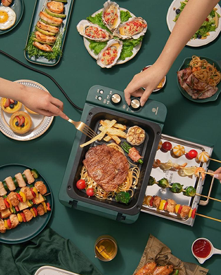 Máy nướng thịt xiên nướng gia đình bằng điện Liren hoàn toàn tự động quay không khói có thể tháo rời chảo nướng điện lò nướng một nồi