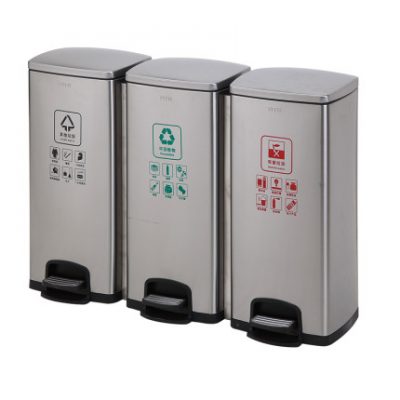Thùng rác phân loại bằng thép không gỉ hộ gia đình bảo vệ môi trường có chân hoạt động với nắp đôi ba điểm bên trong thùng rác ngoài trời thùng rác hình vuông
