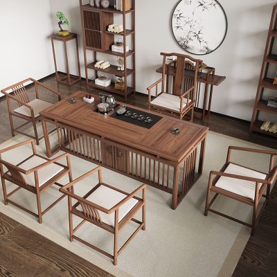 Bàn trà mới của Trung Quốc Bàn trà bằng gỗ rắn đơn giản Zen văn phòng kung fu Bàn trà màu đen óc chó uống bàn trà và ghế kết hợp