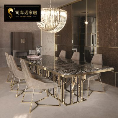 Bàn ghế ăn sang trọng ánh sáng hậu hiện đại kết hợp bàn ăn gia đình bàn ăn hình chữ nhật bằng thép không gỉ bằng đá cẩm thạch và ghế hiện đại đơn giản