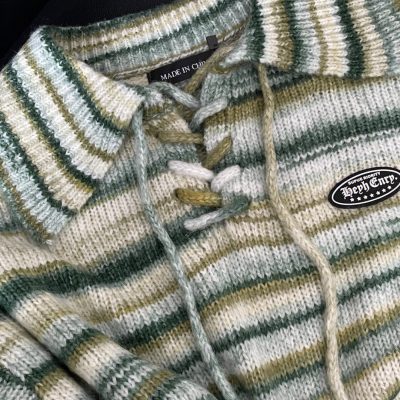 Mùa Thu Lý Hàn Quốc Sọc Xanh Ve Áo Dây Chui Đầu Áo Len Nữ Thích Hợp Giày Lười Áo Len Mỏng Hợp Thời Trang