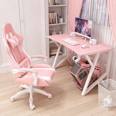 Bộ bàn ghế chơi game màu hồng Bộ bàn ghế neo trực tiếp Phòng ngủ cho bé gái Bàn máy tính tại nhà Bàn làm việc gió đơn giản