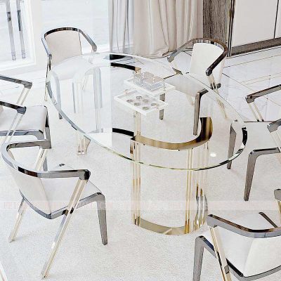 Bàn ăn bằng thép không gỉ sang trọng nhẹ Bàn hình bầu dục kiểu Hồng Kông nhà Ý Bàn dài bằng kính hiện đại Bàn ăn thời trang tối giản