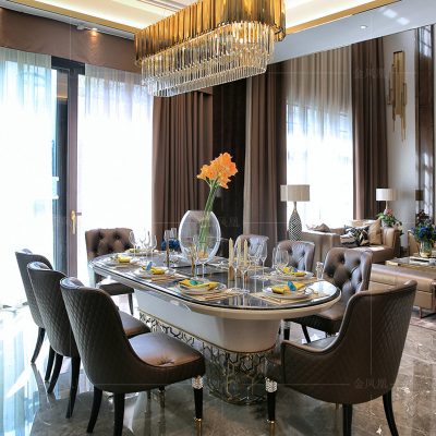 Bàn ăn sang trọng ánh sáng của Ý kết hợp bàn ăn hình bầu dục bằng đá cẩm thạch tối giản hậu hiện đại và ghế Armani Bentley tùy chỉnh nội thất