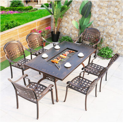 Sân ngoài trời nhôm đúc bàn ghế nướng sân vườn biệt thự sân vườn ngoài trời nhà bếp nướng than điện bàn ghế đá hoa cương bộ 5 món