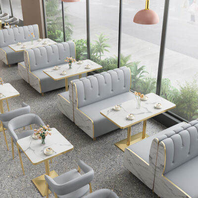 Thẻ ghế sofa nhà hàng bàn ăn và bộ ghế khu vực giải trí dựa vào tường quán cà phê cửa hàng trà sữa bàn phân ánh sáng thương mại sang trọng