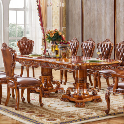 Bàn ăn kiểu châu Âu bàn ăn hình chữ nhật chạm khắc bàn lớn gia đình sang trọng một bàn tám ghế nội thất nhà hàng