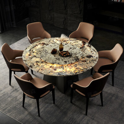 Bàn ăn biệt thự bằng đá tự nhiên sang trọng núi tuyết bay cáo Bộ bàn ghế ăn kiểu Ý kết hợp hiện đại ánh sáng sang trọng Bàn ăn tròn bằng đá cẩm thạch sang trọng