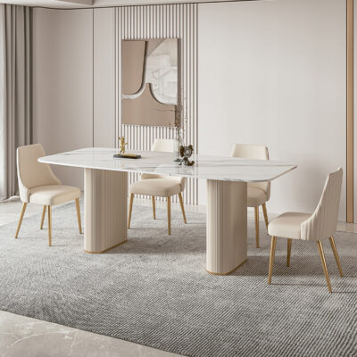 Bộ bàn ghế ăn mặt đá nhẹ sang trọng kết hợp căn hộ nhỏ nhà phòng khách hình chữ nhật bàn ăn bọc da màu kem bàn đảo gió bàn ăn