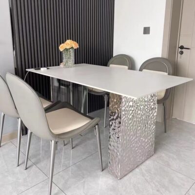 Ý tối giản bằng thép không gỉ acrylic gợn sóng nước lơ lửng phiến đá bàn ăn gia đình bàn ghế ăn bằng đá cẩm thạch tự nhiên