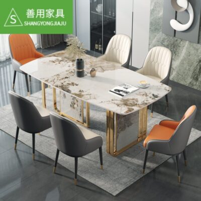 Bàn ăn đá phiến tối giản của Ý hiện đại tối giản hộ gia đình sang trọng khung kim loại hình chữ nhật bàn ăn hoa văn đá phiến