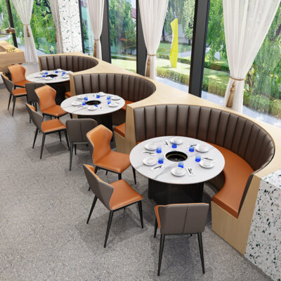 Nhà hàng khách sạn hình bán nguyệt thẻ ghế sofa tấm đá bàn ăn phục vụ cửa hàng thịt nướng bếp từ lẩu bàn ghế kết hợp bàn tròn