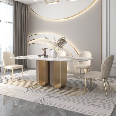 Bàn ăn và ghế đá sáng màu thép không gỉ kết hợp ánh sáng sang trọng cao cấp hiện đại tối giản căn hộ nhỏ Bàn ăn hình chữ nhật kiểu Ý