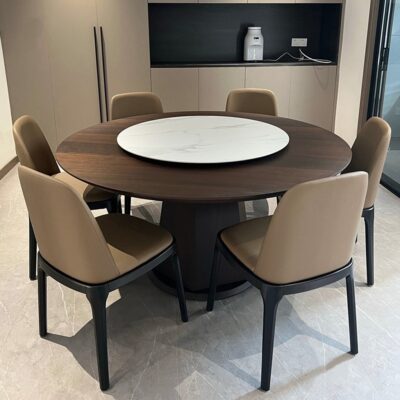 Sự kết hợp bàn ghế ăn bằng gỗ nguyên khối tối giản của Ý tại nhà căn hộ nhỏ bàn tròn xoay với bàn ăn đĩa đá bàn xoay