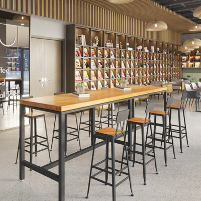 Bàn bar dài sắt rèn gỗ đặc bàn ăn hình chữ nhật thương mại cafe shop bánh cao cấp kết hợp bàn ghế 1216