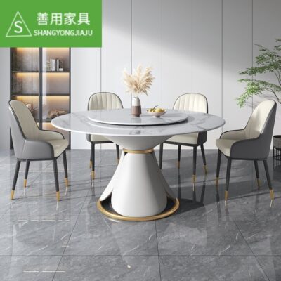 Bàn ăn bằng đá phiến ánh sáng sang trọng hiện đại tối giản gia đình hộ gia đình lưới màu đỏ nhà hàng gia đình bàn xoay tròn kết hợp bàn ăn và ghế