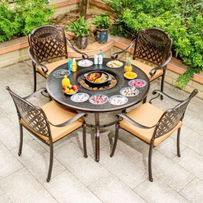 Bàn ghế nướng ngoài trời sân nhôm đúc bếp nướng điện không khói bếp nướng than hoa sân vườn sắt rèn ngoài trời kết hợp bàn ăn thông thường