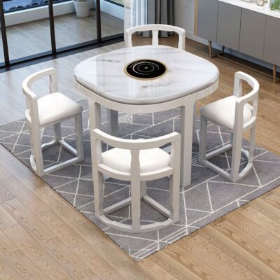 Bàn ăn bằng đá cẩm thạch và ghế kết hợp Bàn ăn gia đình bằng kính thiên văn đơn giản hiện đại Đồ nội thất gia đình nhỏ Bàn tròn gấp bằng gỗ nguyên khối