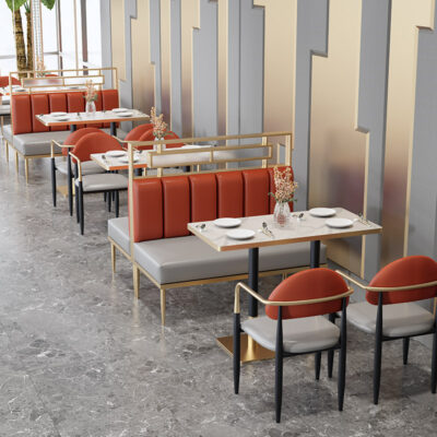Bộ bàn ghế sang trọng nhẹ chủ đề sắt phục vụ nhà hàng tây buffet nhà hàng lẩu quán cà phê dựa vào tường ghế sofa thẻ bài đơn giản