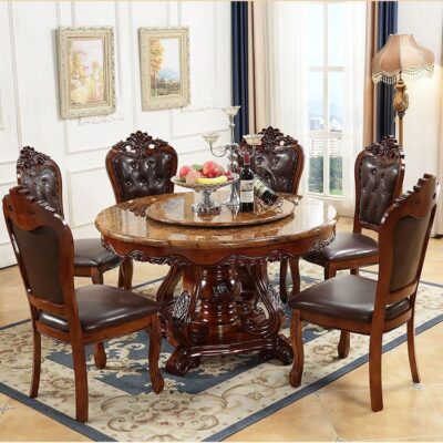 Bộ bàn ghế ăn Âu kết hợp bàn tròn mặt đá hoa cương bàn xoay Bàn ăn gỗ nguyên khối Mỹ bàn ăn tròn tại nhà cho 6 người và 8 người
