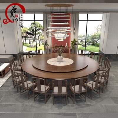 Bàn ăn khách sạn kiểu Trung Quốc mới bàn tròn lớn 10 người 15 người 20 người homestay  gỗ đặc bàn lẩu quay điện