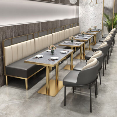 Ánh sáng sang trọng nhà hàng phương tây phục vụ nhà hàng lẩu tường thép không gỉ thẻ ghế sofa khách sạn quầy bar ăn uống tấm đá kết hợp bàn ăn và ghế