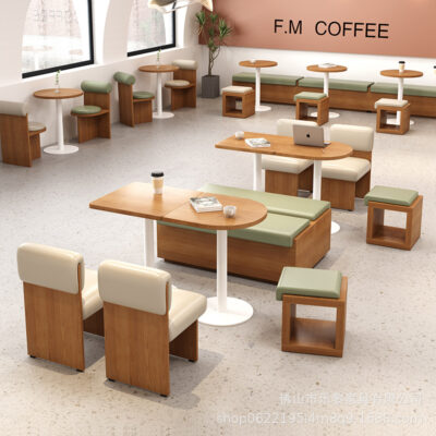 Đơn vị uy tín trà sữa tiệm bánh món ăn phương tây cafe gỗ rắn bàn ghế vuông kết hợp tường thẻ ghế sofa đàm phán bàn tròn