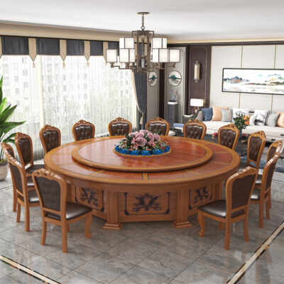Bán buôn mới phong cách Trung Quốc Bàn ăn khách sạn và ghế cổ chạm khắc 20 người bàn tròn lớn gỗ rắn  điện khách sạn tiệc
