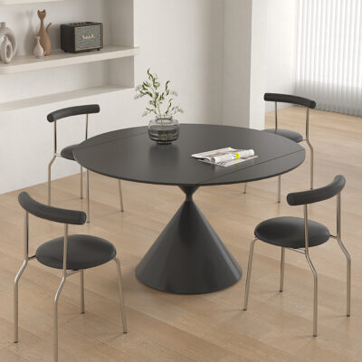 Bàn ăn gấp bằng đá kính hình vuông trở thành hình tròn hiện đại tối giản gia đình màu đen ví xoay bàn ăn xoay đa chức năng