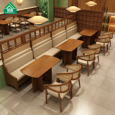 Cửa hàng lẩu cửa hàng thịt nướng dựa vào tường thẻ ghế sofa chủ đề nhà hàng trà nhà hàng Trung Quốc kết hợp bàn ghế mây gỗ rắn