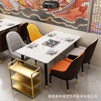 Chế biến bàn lẩu đá cẩm thạch đơn giản thương mại cửa hàng thịt nướng nhà hàng khách sạn rèn sắt thẻ ghế kết hợp bàn ghế sofa