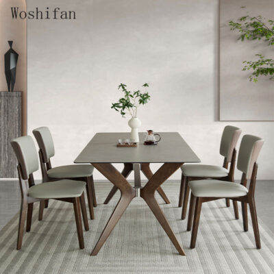 Bắc Âu gỗ đặc phiến đá bàn ăn và ghế hộ gia đình tối giản hiện đại gỗ tần bì màu óc chó mờ bàn ăn gia đình cao cấp